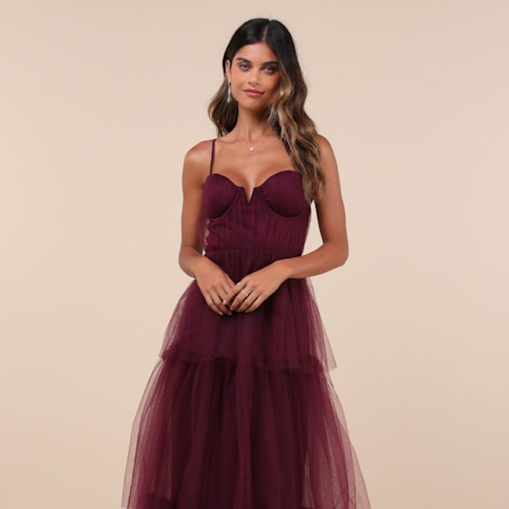 Lulus Unforgettable Poise Plum Purple Tulle Bustier Tiered Maxi Dress - Size XL